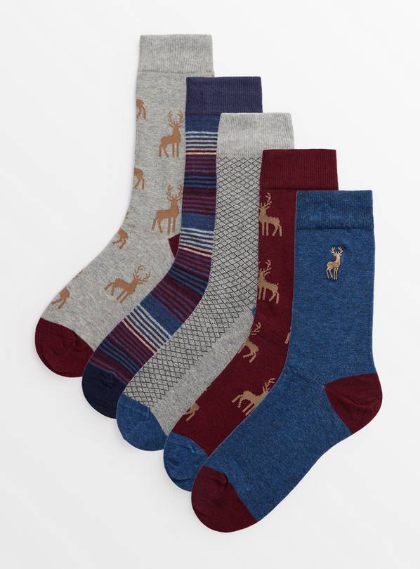 Stripe & Deer Print Ankle Socks 5 Pack 6-8.5